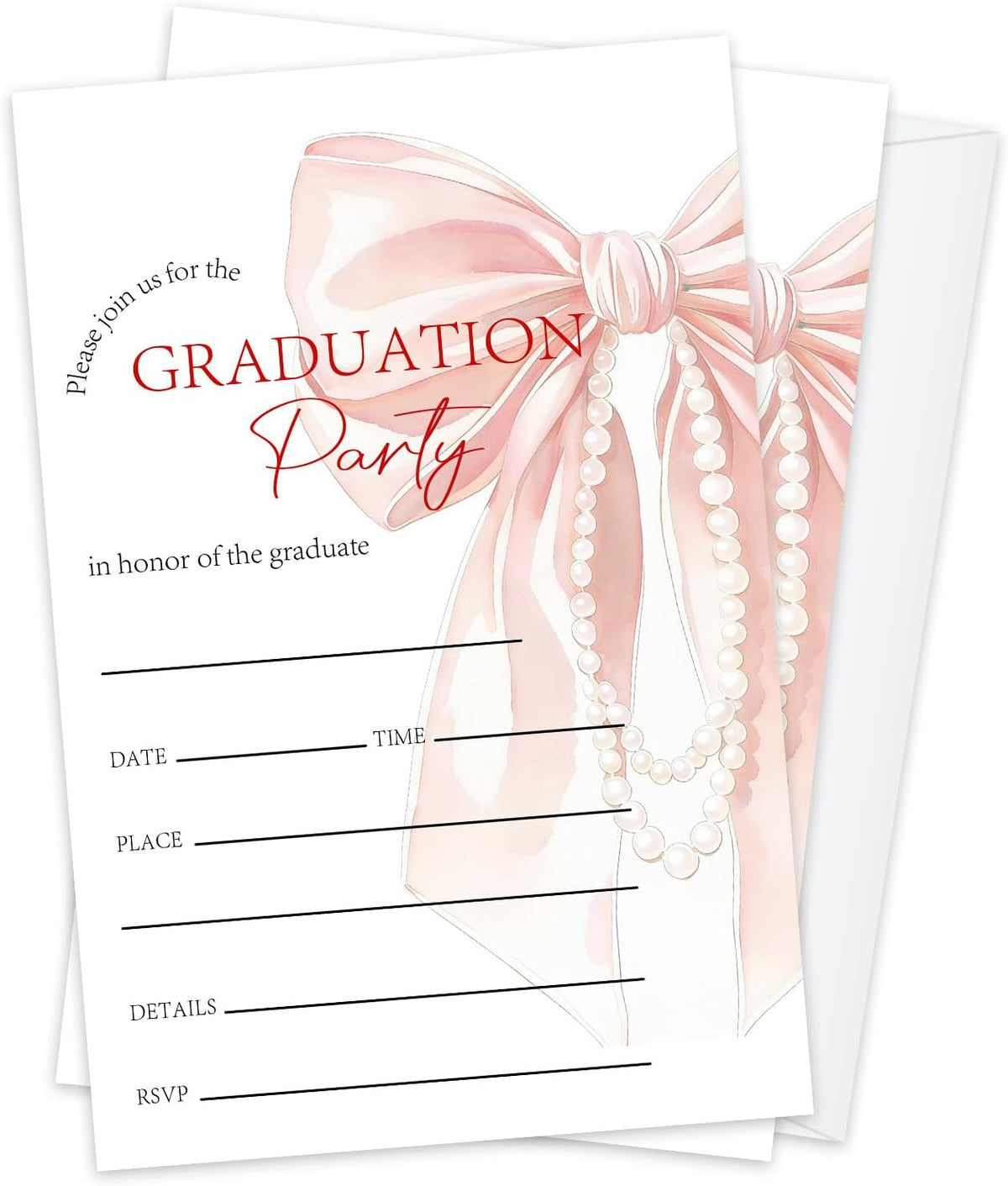 Pink Bow Graduation Invitations 2026 with Envelopes - 20 Pack Class of 2026 Graduation Party Invitations, 4x6 Inch Fill-in Graduation Announcements for High School or College - A08