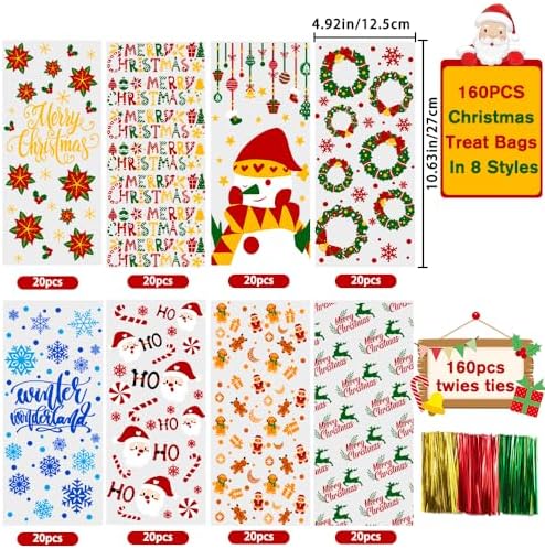 DULEFUN 160PCS Christmas Cellophane Treat Bags 8 Styles with Twist Ties