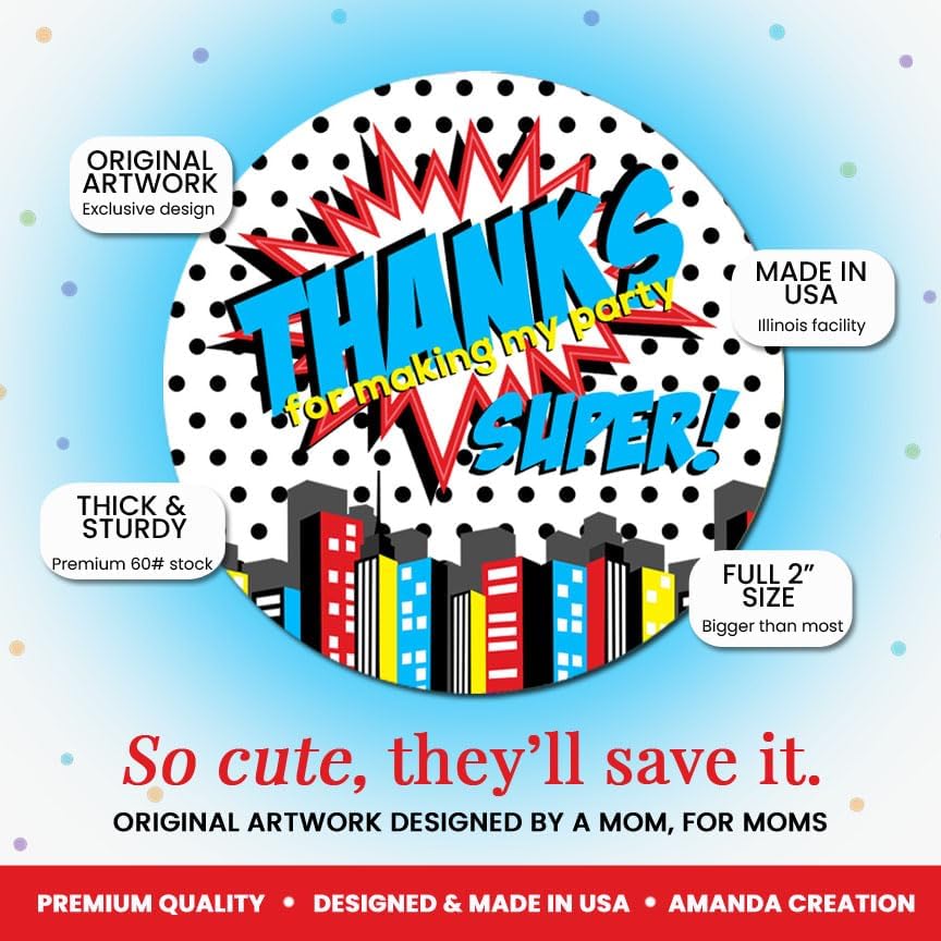 Superhero Thank You Stickers, 40 Pack 2 Inch Birthday Thank You Labels, Super Hero Stickers for Boys Party Favors, Goodie Bags and Envelope Seals by Amanda Creation