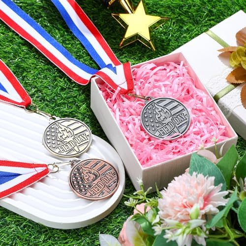 30 Pcs Award Medals 2" Gold Silver Bronze with Ribbon, Field Day