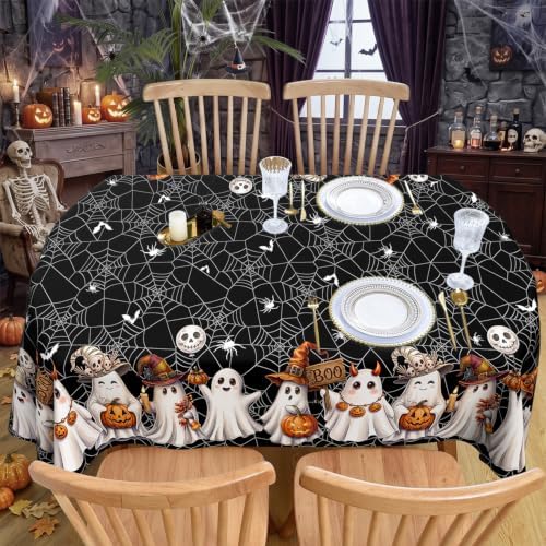 Black Halloween Tablecloth Oval 52x70 Inch, Washable Fabric Spider Web Ghost Table Cloth Oval Halloween Tablecloth Table Cover for Kitchen Dining Party