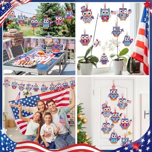 Funrous 48 Sets Crafts Kit Paper Crafts DIY Make Your Own Hanging Ornaments with Pompoms Diamond Stickers for Holiday Classroom Activities Party Favors, Patriotic Owl