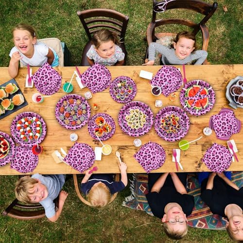 100 Pieces Pink Leopard Print Party Tableware Set – Hot Pink Cheetah Plates, Napkins and Forks, Disposable Dinnerware for Girls Birthday, Baby Shower and Safari Party Supplies