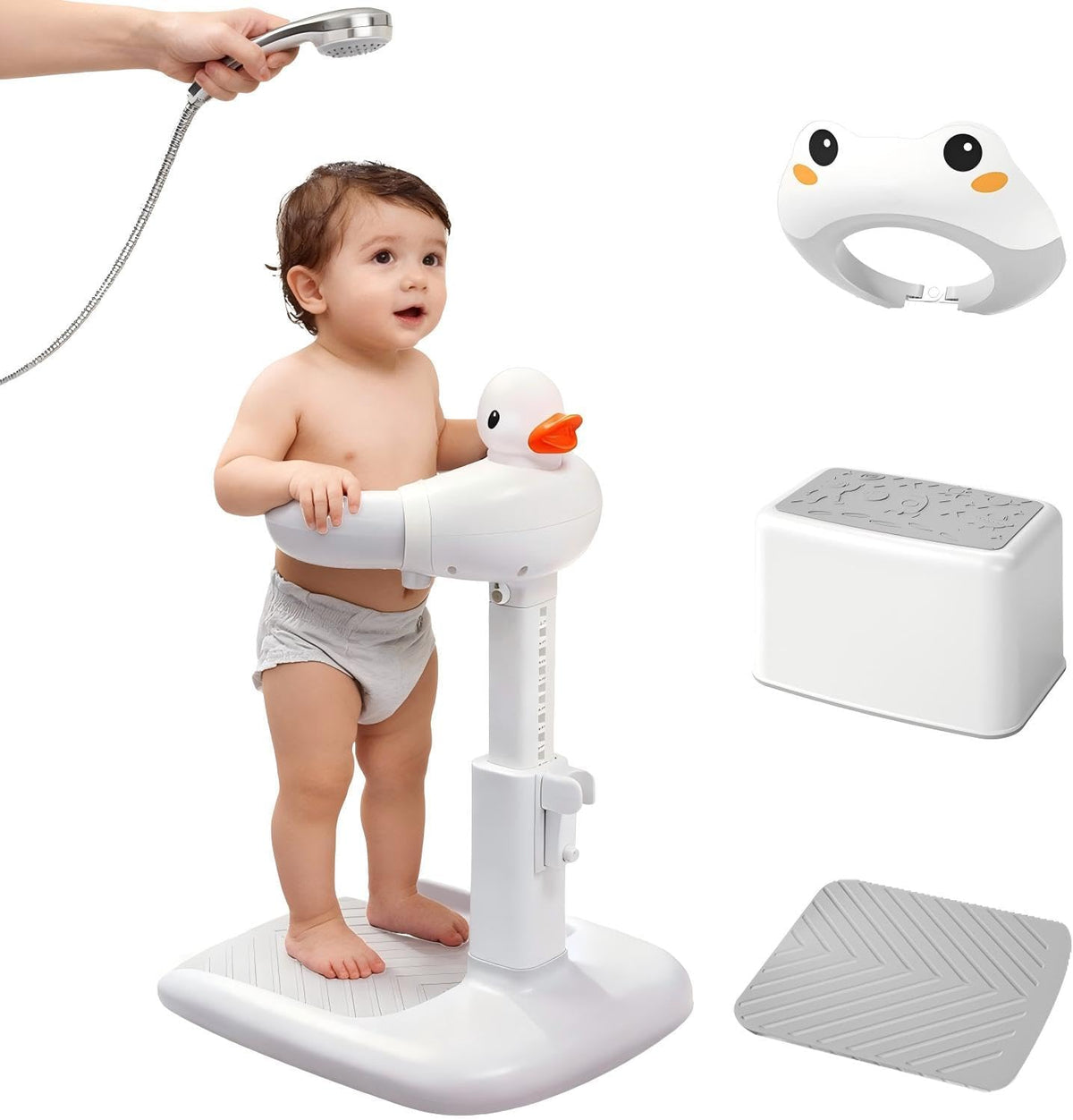 Baby Shower Stand 𝙬𝙞𝙩𝙝 𝙎𝙝𝙤𝙬𝙚𝙧 𝘾𝙖𝙥 & 𝙎𝙩𝙤𝙤𝙡 - Safety & Non-Slip Baby Bath Stand, Toddler Shower Stand for Infants 6-36 Months, Shower Standing Support Max 35 Lbs Capacity