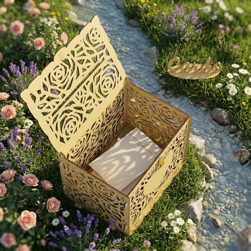 Jolik Love Wedding Card Box with Sign, Large Rustic Locking Money Box Holder for Wedding Reception, Gift Card & Envelope Storage, DIY Anniversary & Birthday Party Decoration (Yellow)