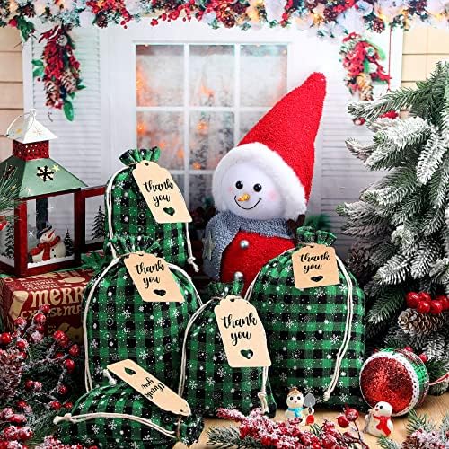 Shappy 24 Pcs Christmas Drawstring Gift Bags Xmas Buffalo Plaid Burlap Advent Bags 5.5 x 4 Inches Linen Treat Candy Bag with 32.8 ft Rope 24 Card(Black Green)