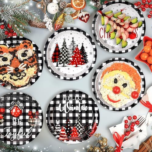 Fourluoo 96 Pcs Christmas Black White Buffalo Plaid Paper Plates Disposable Peppermint Dinner Plates for Xmas Birthday Party Table Decor