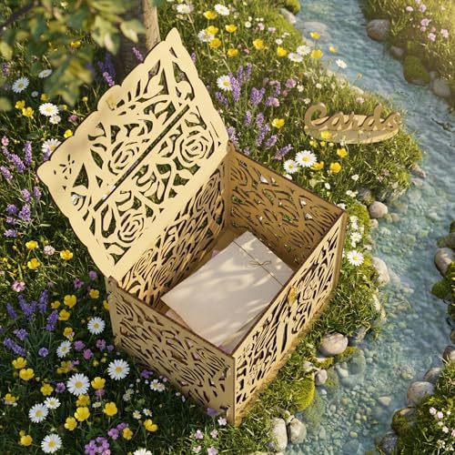 Jolik Bride and Groom Wedding Card Box with Sign, Large Rustic Locking Money Box Holder for Wedding Reception, Gift Card & Envelope Storage, DIY Anniversary & Birthday Party Decoration(Yellow)
