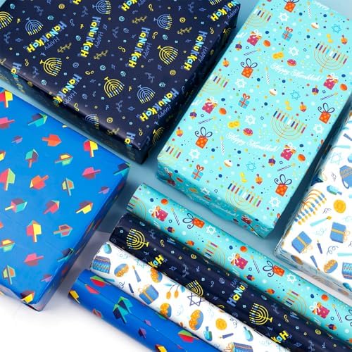 The Dreidel Company Happy Hanukkah Gift-Wrap Chanukah 17.5" Inches X 180" Inches .15' Feet Each Roll, 4 Roll Variety Pack
