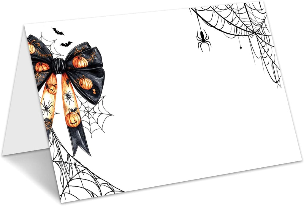 Halloween Place Cards for Table Setting, Bow Tent Cards Decor For Birthday Baby Shower Autumn Party Reception Decorations, Bridal Shower Place Card, 25 Pack Birthday Food Name Card 2 x 3.5" /031