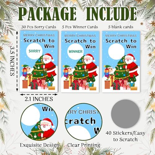 ZIIUFRN 40 Pcs Santa Christmas Scratch Off Cards with Stickers, Merry Christmas Raffle Tickets for Games Prizes, Xmas Holiday Party Games for Family Party -A02