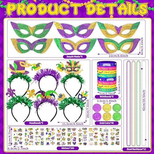 Seifar 172 Pcs Mardi Gras Accessories Set, Purple Green Gold Mardi Gras Beads Necklaces Coins Headbands Bracelets Tattoos for Mardi Gras Masquerade Parade Decor Party Favors Supplies