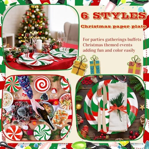 Fourluoo 96 Pcs Christmas Paper Plates Green and Red Candy Christmas Disposable Dinner Plates for Xmas Birthday Party Table Decor
