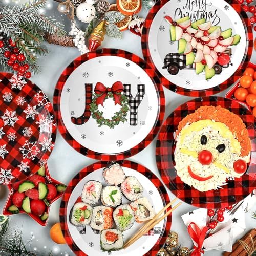 Fourluoo 96 Pcs Red Buffalo Plaid Christmas Paper Plates Disposable Dinner Plates for Xmas Birthday Party Table Decor
