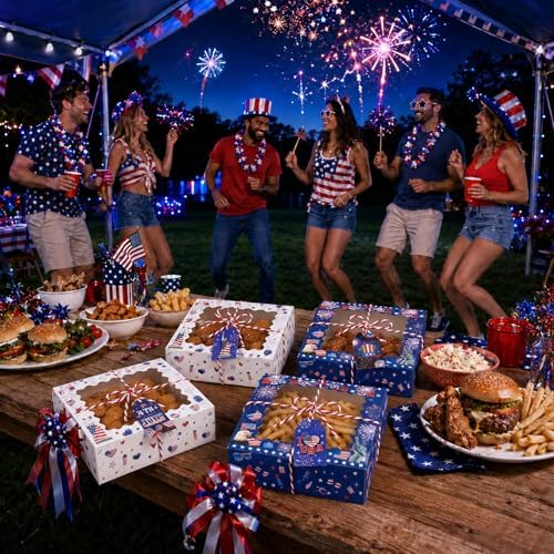 FCKLVMC 12 Pcs 7 X 7 In 4th Of July Treat Boxes with Window, Fourth Of July Gift Goodie Boxs with Card for Veterans Day Memorial Usa National Patriotic Day Party