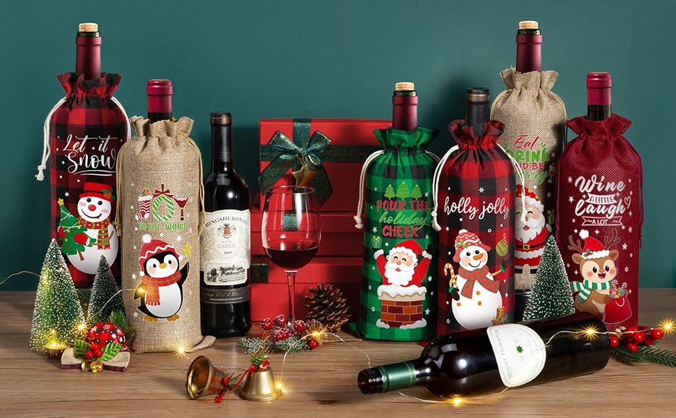 12Pcs Christmas Burlap Wine Bags, Drawstring Wine Gift Bags Bottles Covers
