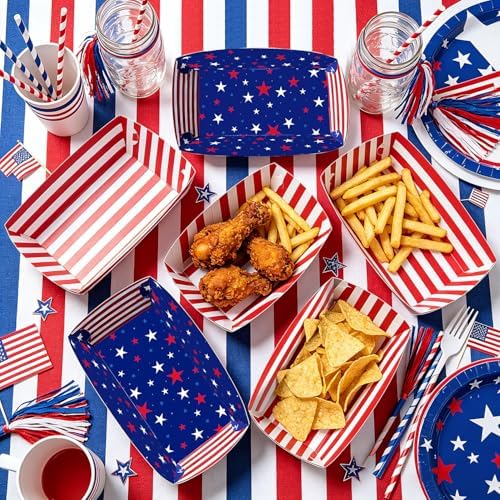 50 Pcs Patriotic Party Snack Trays, Disposable American Flag Paper Serving Boats, Red White and Blue Food Trays for July 4th, Memorial Day & USA Themed Events – 2 Designs