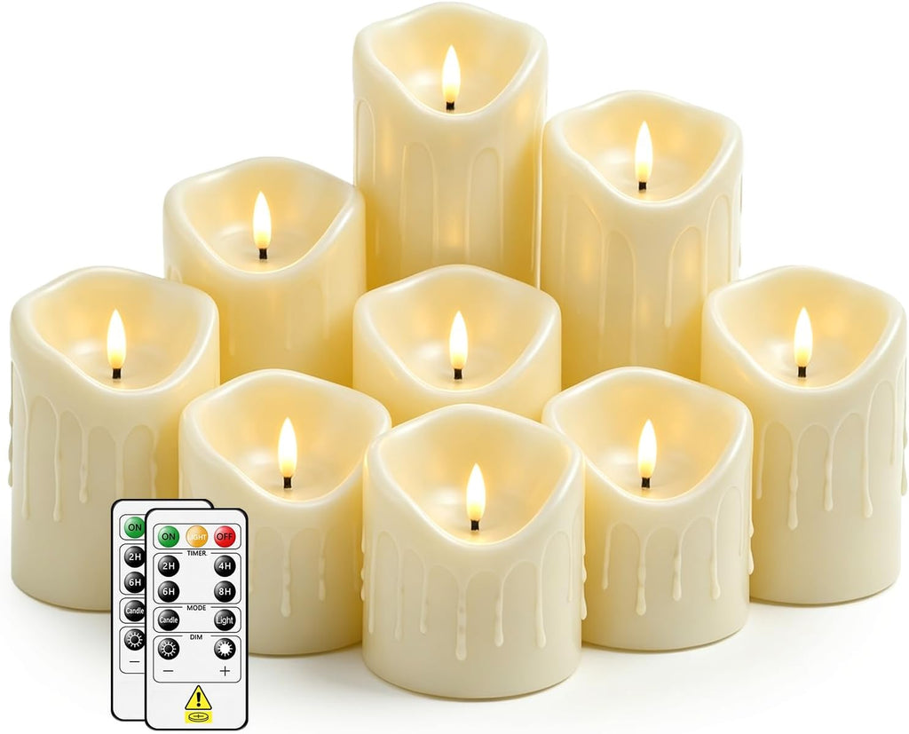 Nimiko Flameless Candles with Remote, Battery Operated Flickering Flameless Candles, LED Candles with Timer 2/4/6/8H, Realistic Drop Wax flameless Candle Set of 9 (D3 x H 3" 4" 5" 6" 7") (Ivory)