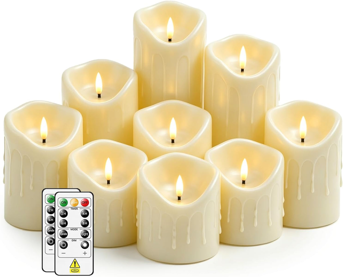 Nimiko Flameless Candles with Remote, Battery Operated Flickering Flameless Candles, LED Candles with Timer 2/4/6/8H, Realistic Drop Wax flameless Candle Set of 9 (D3 x H 3" 4" 5" 6" 7") (Ivory)