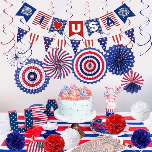 4th of July Patriotic Decorations Set Paper Fans Pom Poms Hanging Swirls USA & Pennant Banners Star Streamer Red White Blue Independence Memorial Day Veterans Day Party Decor Supplies