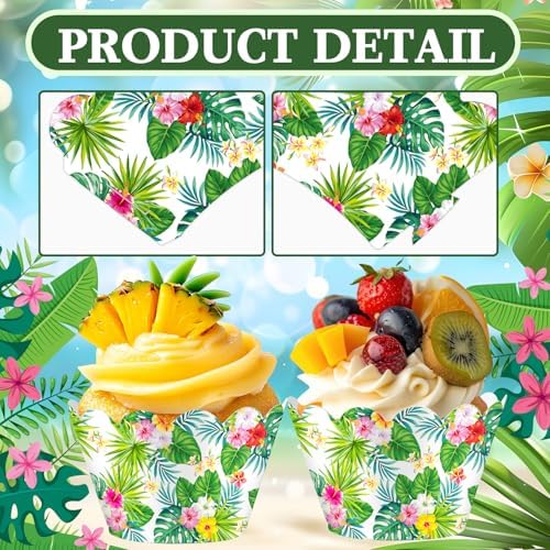 Domensi 100 Pcs Hawaiian Luau Tropical Palm Cupcake Wrappers Rustic Cupcake Liners Green Baking Cups Baking Liners for Summer Birthday Party Supplies Dessert Decoration
