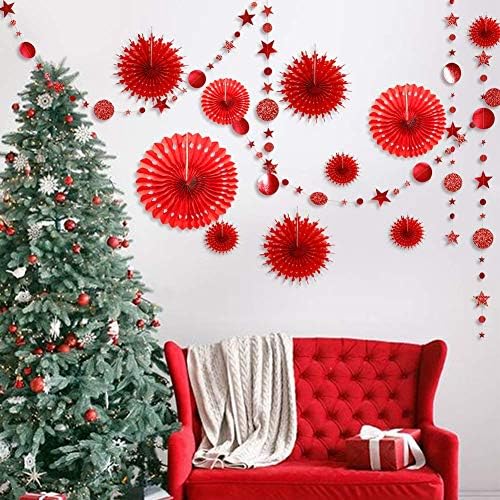 Decor365 Red Party Decorations Chinese New Year Tissue Pompom Paper Fan Hanging Decor Birthday Party Garland Glitter Circle Dots Garland Steamer Banner Backdrop for Girls Wedding Valentines Day