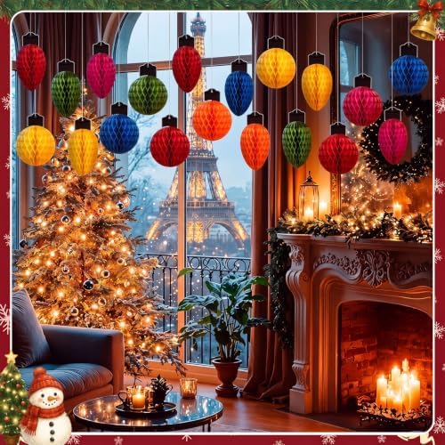 Gueevin 30pcs Christmas Party Decorations Honeycomb Hanging, 3D Tissue Paper Ball Light Bulb Hanging Ornaments, Colorful Holiday Lanterns for Christmas Tree, Table Centerpieces, Ceiling, Window Decor