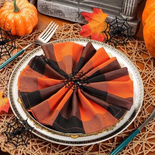 Halloween Spider Web Napkin Rings Set of 6, Halloween Napkin Buckle Metal Spooky Serviette Napkin Rings Holder Table Dining Kitchen Room Decoration (Black, M)