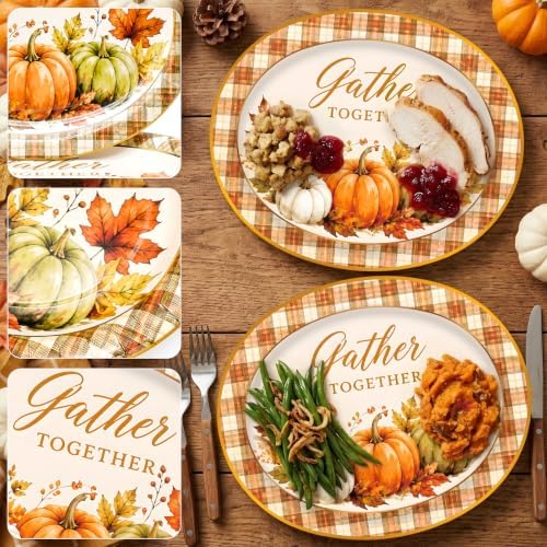 50 Pack Thanksgiving Oval Paper Plates – 12 Inch Disposable Fall Pumpkin Dinner Plates for Thanksgiving Dinner, Friendsgiving, Harvest Party and Autumn Party Supplies