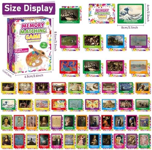 gisgfim 100 PCS Memory Matching Game Famous Paintings Concentration Memory Card for Adults Learning Educational Game A Fun & Fast Artworks Theme Matching Games
