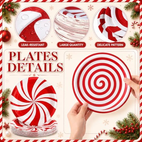 Fourluoo 96 Pcs Christmas Candy Paper Plates 7 Inch Christmas Disposable Peppermint Dinner Plates for Xmas Birthday Party Table Decoration Supplies