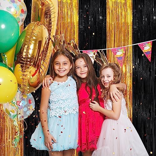 Black Gold Tinsel Backdrop Foil Fringe Curtains, 4 Pack Party Decor