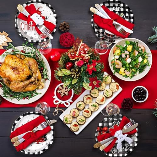 Fourluoo 96 Pcs Christmas Black White Buffalo Plaid Paper Plates Disposable Peppermint Dinner Plates for Xmas Birthday Party Table Decor