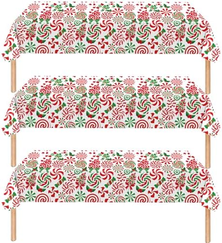 3-Piece 54 x 108 Inch Christmas Peppermint Plastic Tablecloth – Red and Green Disposable Rectangle Table Covers with Candy Cane and Lollipop Design for Holiday Christmas Winter Celebrations