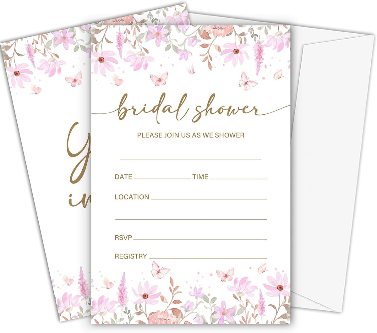Pink Floral Bridal Shower Invitations, Spring Butterflies Invites with Envelopes, 4x6 Invite Card for Wedding Shower, Newlyweds, Party Favor & Decorations-A02
