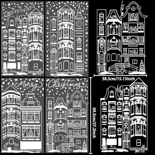 DIYDEC 15.1 * 27.3'' Large Christmas Window Clings 4Pcs Xmas White House Window Stickers for Glass Double Sided Winter Town Decals for Holiday Home Shop Decoration