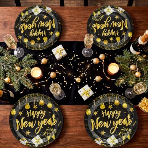 96 Pieces Happy New Year Tableware Set – Black and Gold 2027 Disposable Plates, Napkins, and Forks with Fireworks and Champagne Designs for New Year’s Eve Dinners and Celebrations – Serves 24