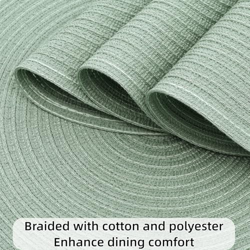 SHACOS Round Placemats Set of 8 Washable 15 inch Round Table Mats Cotton Polyester Woven Braided Place Mats for Dining Table Wedding Party Decor, Sage Green