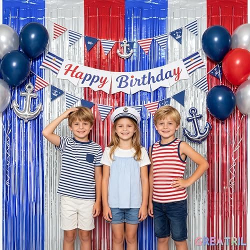 Blue Silver Red Party Streamers 4th of July Decorations 3.2ft x 8.2ft 2 PCS