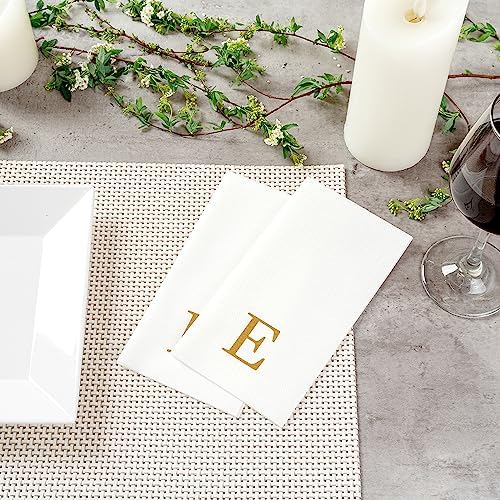 Luxenap 15.8 X 7.9 Inch Linen-Feel Guest Towels, 50 Lettered Hand Towels - Gold Letter 'E', Sans Serif Font, White Paper Dinner Napkins, airlaid, For Restrooms And Tables - Restaurantware