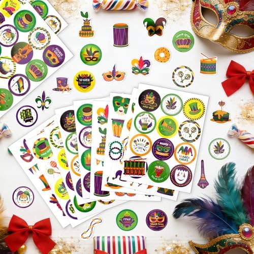 Mardi Gras Stickers, 306 PCS Happy Mardi Gras Stickers, Self-Adhesive Carnival Masquerade Decoration Sticker Clowns Crowns Mask Design Sticker for Masquerade Themed Decorations Activity Party Favors