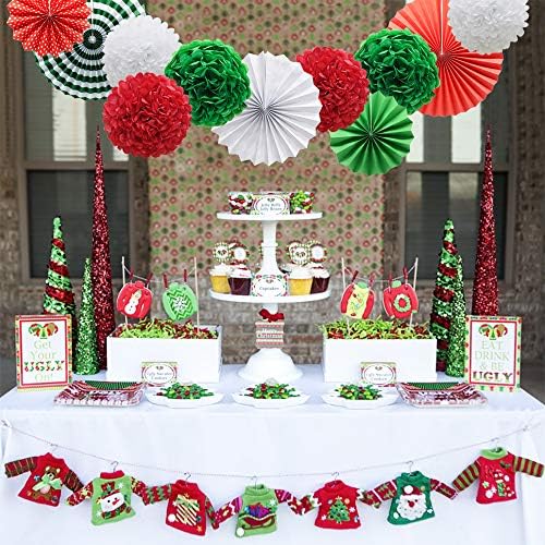 Red White and Green Hanging Paper Decor - Round Paper Fans, Pom Poms, Flowers - Perfect for Christmas, Birthdays, Weddings, Graduations, Baby Showers