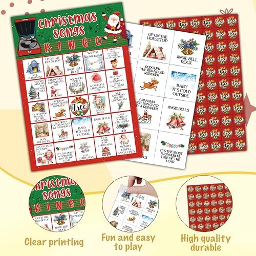 Christmas Songs Bingo Game Cards, Xmas Party Games, Christmas Party Game Decor, Winter Holiday Games, Bingo Sets for Adults Large Group, Winter Theme Party Activity Supplies -A19