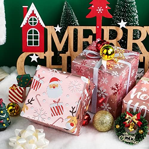 WRAPAHOLIC 30 Inch Christmas Wrapping Paper Roll - Jumbo Roll Rose Gold Santa, Snowflakes and Reindeer Holiday Collection with Metallic Foil Shine - 4 Rolls - 30 Inch x 120 Inch Per Roll