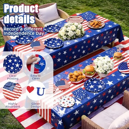 4th of July Decorations - Patriotic Party Supplies Set for 24 - Red White and Blue Tableware Kit with Plates, Napkins, Tablecloth and Glitter Banner for Independence & Election Day