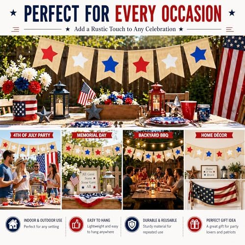 Burlap Star Banner 4th of July Garland Bunting Red White and Blue Decorations Patriotic America Independence Day Memorial Veterans Day Flag for Mantel Fireplace Sign USA Accessories