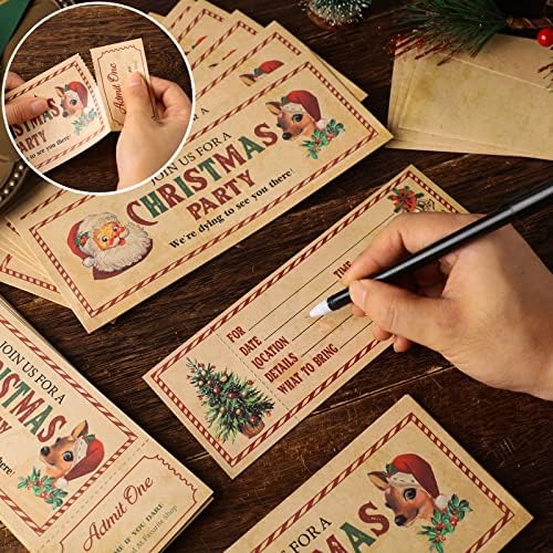 Woanger 50 Pcs Christmas Invitations with Envelope 25 Christmas Party Ticket Invites Card and 25 Envelopes Santa Fill in Blank Invites for Christmas Winter Holiday Birthday Baby Shower