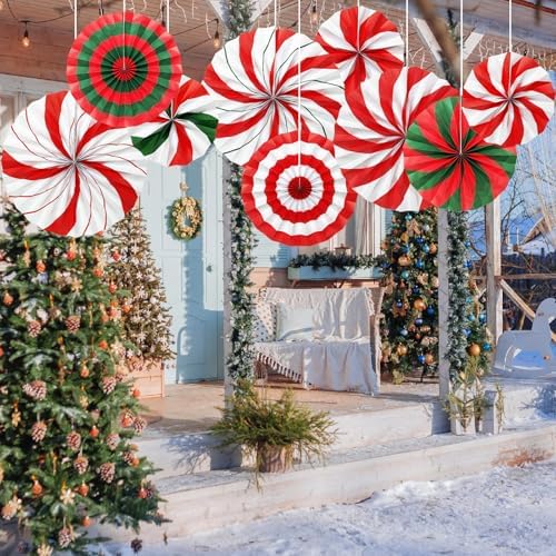9 Pcs Christmas Party Decorations, Red and Green Hanging Candy Paper Fans Candy Cane Wall Ceiling Decor for Xmas Party, Classroom, Office, Birthday