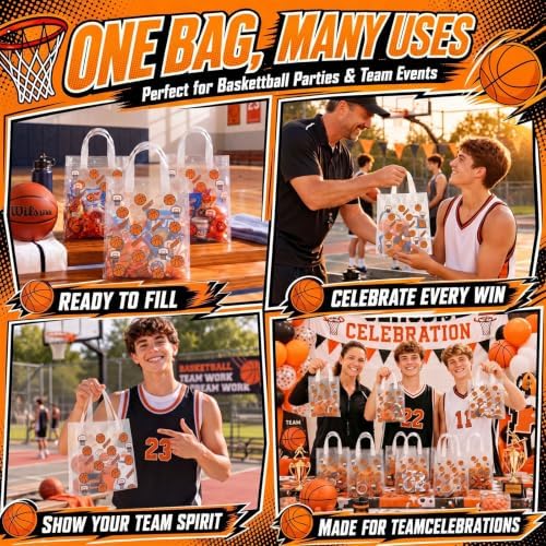 Pajean 24 Pcs Basketball Party Favors Plastic Gift Bags with Handles, 5.9 x 8.7 x 3.1 Inch Basketball Birthday PE Treat Bags, Sport Goody Bag for Classroom Exchange, Sports Event Supplies Decoration