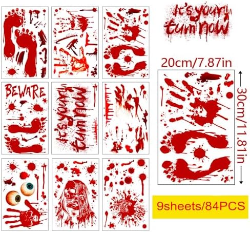 Halloween Window Cling Stickers, 9 Sheets Halloween Bloody Handprint Footprint Wall Decal Floor Clings, Horror Handprint Home PVC Decoration Window Stickers
